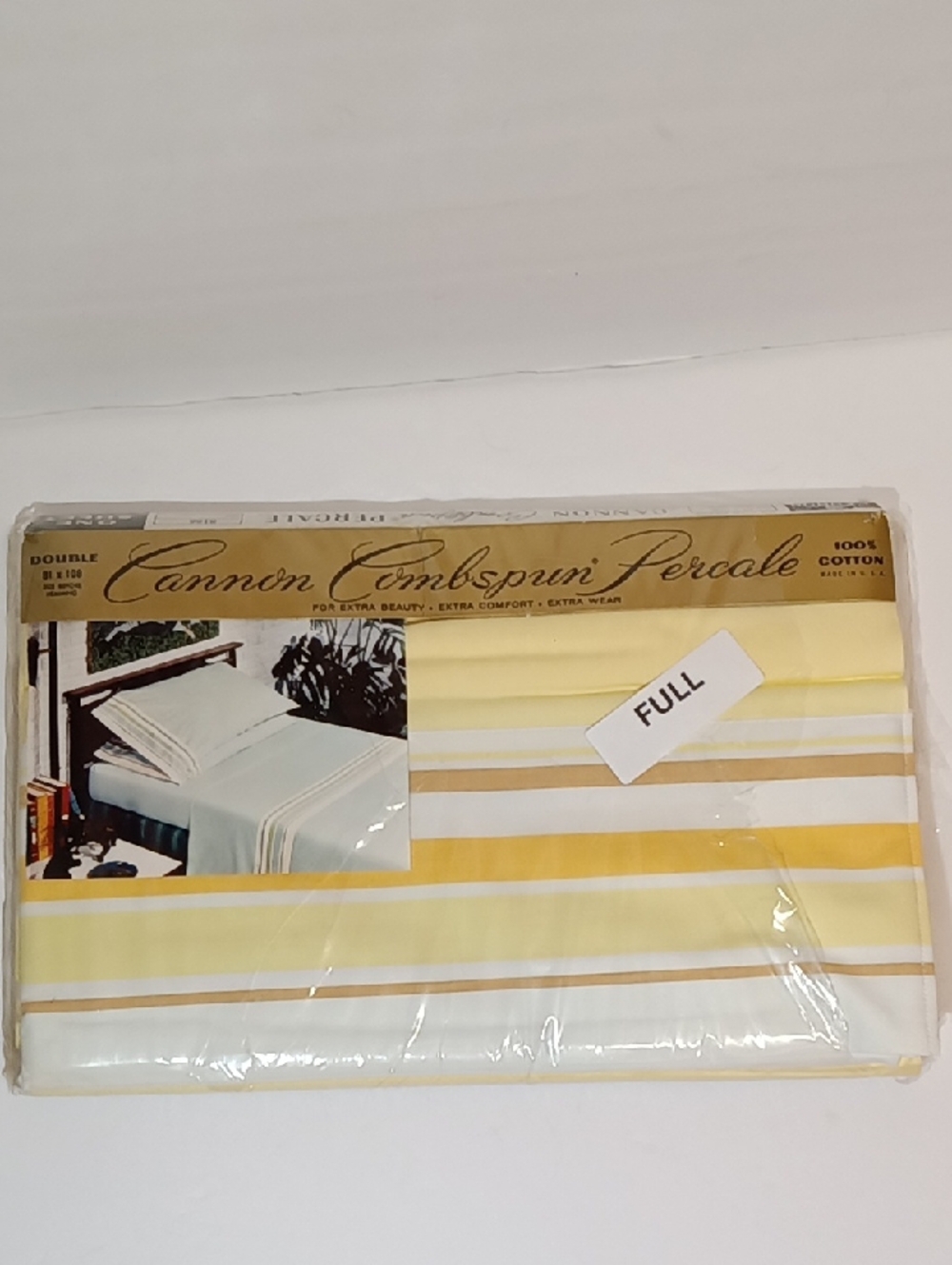NOS Cannon Combspun Percale Double Flat Sheet 100% Cotton Yellow Stripe Strip